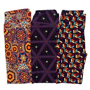Lot 3 LuLaRoe OS Leggings Geometric Orange Blue Purple Yellow Black Raspberry